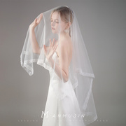 欧式简洁白色复古蕾丝花边双层头纱写真旅拍照新娘结婚纱头饰面纱