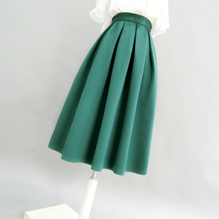 子未伊微蓬松高腰中长款半身裙，墨绿色女裙四季可穿大码定制空气层
