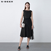 sdeer圣迪奥夏季设计感小黑裙网纱肌理不规则，连衣裙长款s22281246