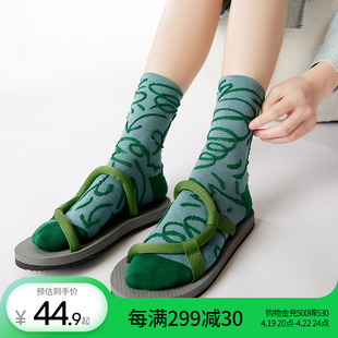 上森绿色袜子夏季薄款女立体涂鸦中筒袜线条，无骨袜棉袜复古堆堆袜
