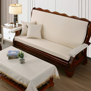 红实木单人三人沙发坐垫带靠背连体，加厚海绵中式沙发棉麻防滑座垫