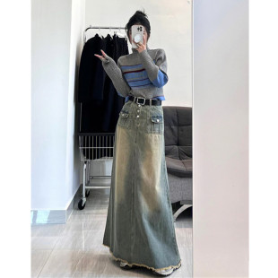 美式复古流苏百搭牛仔半身裙女韩国气质小众设计感做旧高腰长裙子
