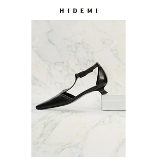 hidemi羊皮方尖头(方尖头)复古设计感小跟凉鞋皮鞋黑色裸米色