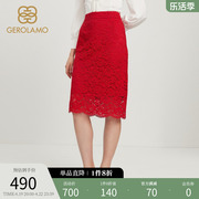gerolamo女装秋季红色法式宫廷，风复古气质修身重工蕾丝半身裙