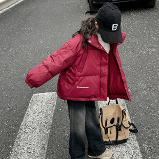 女童羽绒棉服冬季2023儿童，韩版宽松短款加棉加厚酒红色面包服