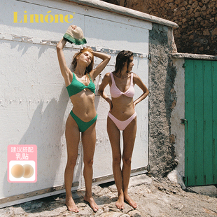 Limone2024褶皱泡泡纱宽肩带高叉分体泳衣性感显瘦沙滩比基尼
