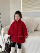 新年款韩版冬季女童纯色长款毛毛棉衣宝宝洋气厚实单排扣大衣