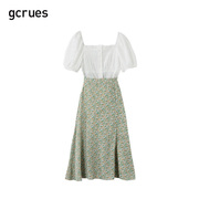 gcrues小清新两件套裙子甜美夏季法式方领小衫配碎花半裙套装