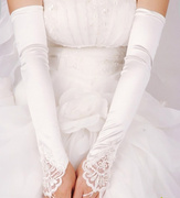 新娘加长手套配婚纱，礼服袖套白色绣花红色，勾指长款晚装旗袍低