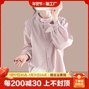立领纯棉灯笼袖长袖女士衬衫2023春秋女装上衣复古打底衫衬衣