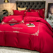 结婚床上用品四件套大红色，婚庆床品喜庆欧式红色新婚，被套床单刺绣