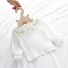 婴儿春秋装打底衫0-3岁女宝宝长袖白色，t恤女童娃娃领绣花上衣洋气