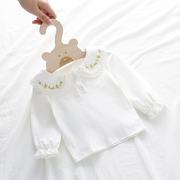 婴儿春秋装打底衫0-3岁女宝宝长袖白色t恤女童，娃娃领绣花上衣洋气
