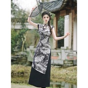 新中式国风改良旗袍女夏季复古扎染水墨画不对称下摆连衣裙TZ