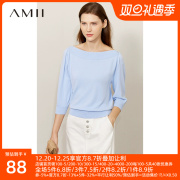 Amii2023秋季七分短袖针织衫女法式一字领短款修身显瘦上衣