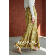 WANGXO高级提花缎面6片式分割拼接高腰复古国风印花鱼尾半裙女