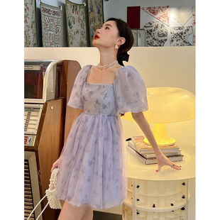 茶歇法式紫色网纱泡泡袖连衣裙女夏季高级感甜美公主蓬蓬裙子