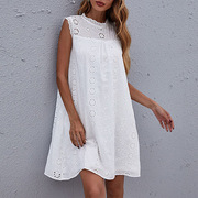 欧美夏季清新甜美白色圆领，宽松镂空蕾丝，钩花无袖连衣裙dress