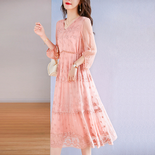 杭州高端重磅粉色真丝连衣裙女夏季年轻妈妈收腰桑蚕丝中长款裙子