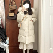 韩系温柔大毛领连帽白色羽绒棉服，女2023冬季中长款面包服大衣外套
