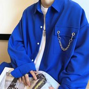 克莱因蓝衬衫男ins潮流长袖衬衣设计感小众潮男穿搭上衣痞帅外套
