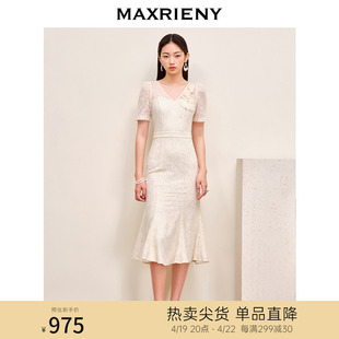 maxrieny复古优雅亮片蕾丝，连衣裙法式宫廷，蕾丝鱼尾裙领证小白裙