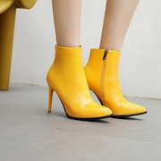 米白色蓝色黄色靴子女细跟高跟短靴尖头亮皮大码女靴小码女鞋 RH