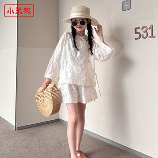 国风新中式夏季女童亲子装母女天丝棉绣花防晒衫+短裤套装三件套