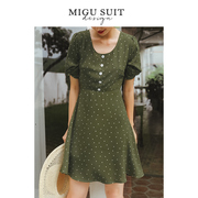 弥古牛油果绿色雪纺裙泡泡，袖薄款法式连衣裙女夏季小个子高腰裙子