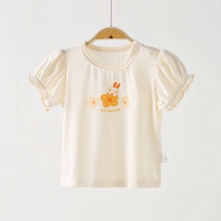 婴儿短袖t桖莫代尔夏季薄款女宝宝花边泡泡半袖上衣女童夏装体恤