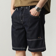 夏季牛仔短裤男美式复古水洗明线深色工装拼接口袋直筒休闲五分裤