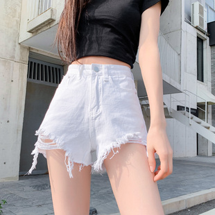 白色破洞牛仔短裤女夏季韩版外穿高腰，显瘦a字宽松阔腿热裤潮