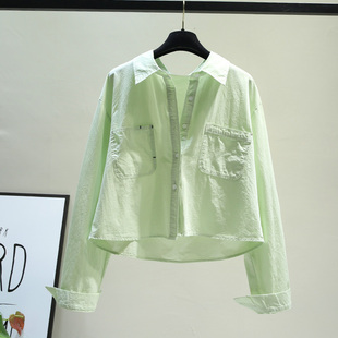 浅绿色双口袋长袖短款棉布衬衫，女2023春夏，韩版小清新减龄上衣