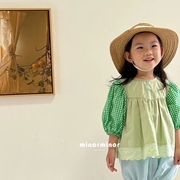 女童夏季中袖娃娃，衫绿色格子衬衫，t恤甜美法式
