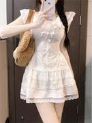 白色蕾丝纯欲甜美连衣裙女2024春夏法式蝴蝶结设计收腰短裙子