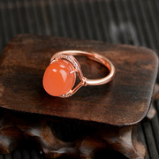 冰种南红玛瑙戒指细圈纯银，红色蛋面玉石古风，指环开口女本命年礼物
