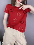 欧洲站短袖t恤女夏季时尚简约圆领正肩体恤，爱心印花红色上衣