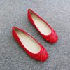 羊皮圆头浅口平底单鞋，女2024春季红色蝴蝶结，芭蕾舞真皮奶奶鞋