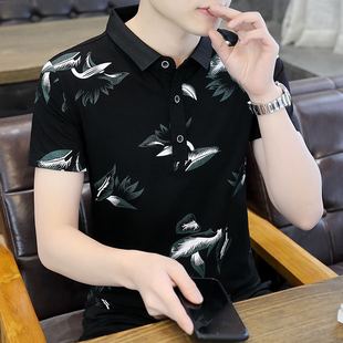 男式翻领t恤夏季休闲印花纯棉短袖polo衫时尚，潮流夏天衣服薄t