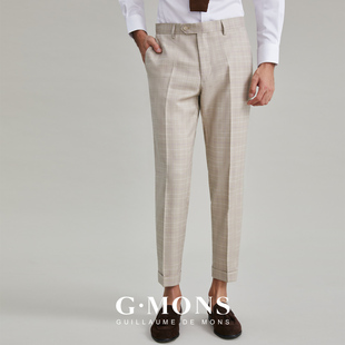 西裤男士九分裤卡其色格子，直筒垂感商务，休闲西装裤子修身夏季薄款