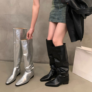 法式长筒靴女2023秋季银色堆堆过膝长靴粗跟高筒骑士靴子