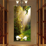 手绘油画天鹅湖美式山水，风景挂画客厅，入户玄关装饰画欧式竖版壁画