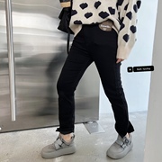 蘑菇头小姐2021冬季韩版宽松显瘦黑色下摆开叉直筒加绒牛仔裤