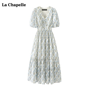 拉夏贝尔/La Chapelle蓝色V领碎花连衣裙女夏季泡泡袖雪纺中长裙