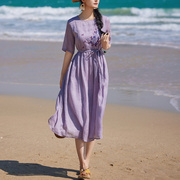 夏季苎麻刺绣中长款连衣裙香芋紫色度假大摆气质绝美长裙仙气