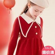女童毛衣裙(毛衣裙)秋冬年服洋气保暖公主裙子，红色小女孩加厚连衣裙童装