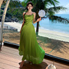 芽绿色缎面露肩海边度假连衣裙女夏季设计感小众沙滩裙长裙吊带裙