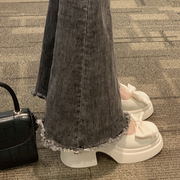 玛丽珍鞋女2023年高跟鞋时尚休闲甜美蝴蝶结厚底粗跟珍珠小皮鞋