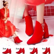 冬季婚鞋女冬2020年新娘鞋，短靴加绒红色靴子，粗跟婚靴结婚鞋子