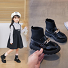 女童靴子儿童鞋2023秋季黑色飞织靴走秀表演短靴，单靴高筒长靴
